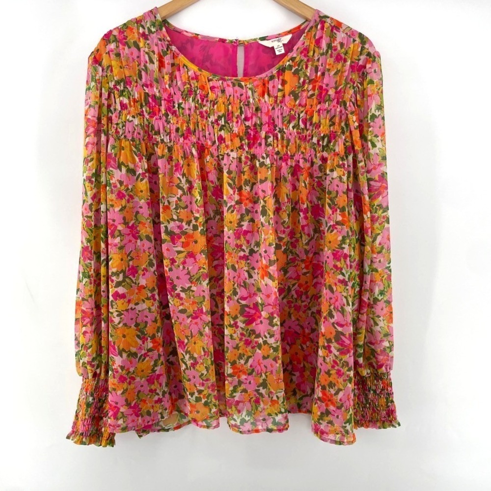 Terra & Sky Blouse 2X Floral Sheer Peasant Lined Smocked Cotttage Fairy Boho